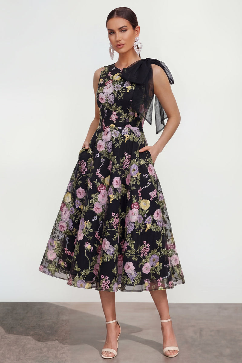 Load image into Gallery viewer, Black Pink Flower Maxi A Line Formal Dress with Pockets