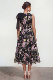 Black Pink Flower Maxi A Line Formal Dress with Pockets