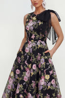 Load image into Gallery viewer, Black Pink Flower Maxi A Line Formal Dress with Pockets