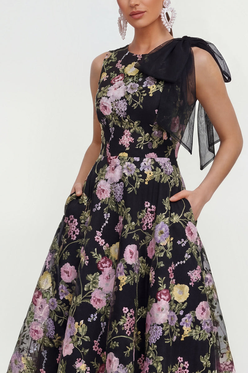 Load image into Gallery viewer, Black Pink Flower Maxi A Line Formal Dress with Pockets