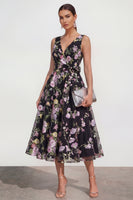 Load image into Gallery viewer, Black Pink Flower V-Neck A Line Maxi Formal Dress with Bow