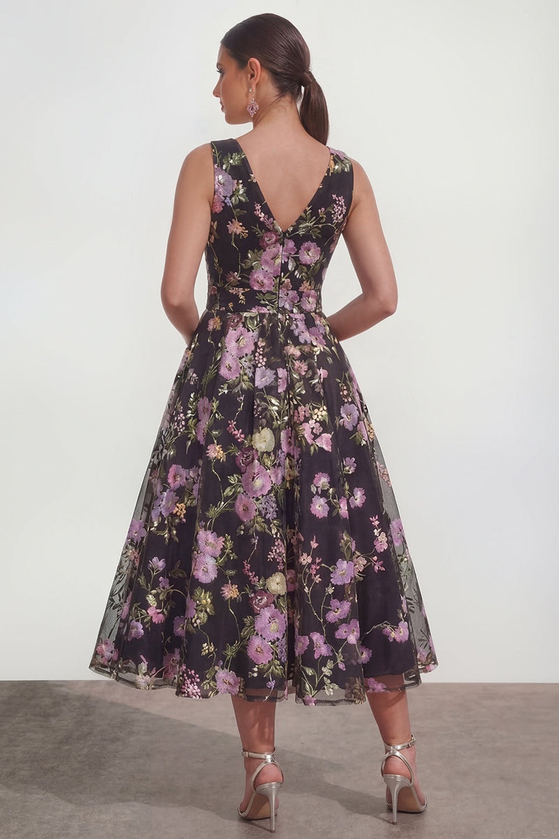 Load image into Gallery viewer, Black Pink Flower V-Neck A Line Maxi Formal Dress with Bow