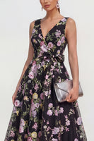 Load image into Gallery viewer, Black Pink Flower V-Neck A Line Maxi Formal Dress with Bow
