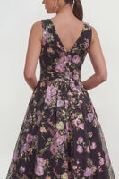 Load image into Gallery viewer, Black Pink Flower V-Neck A Line Maxi Formal Dress with Bow