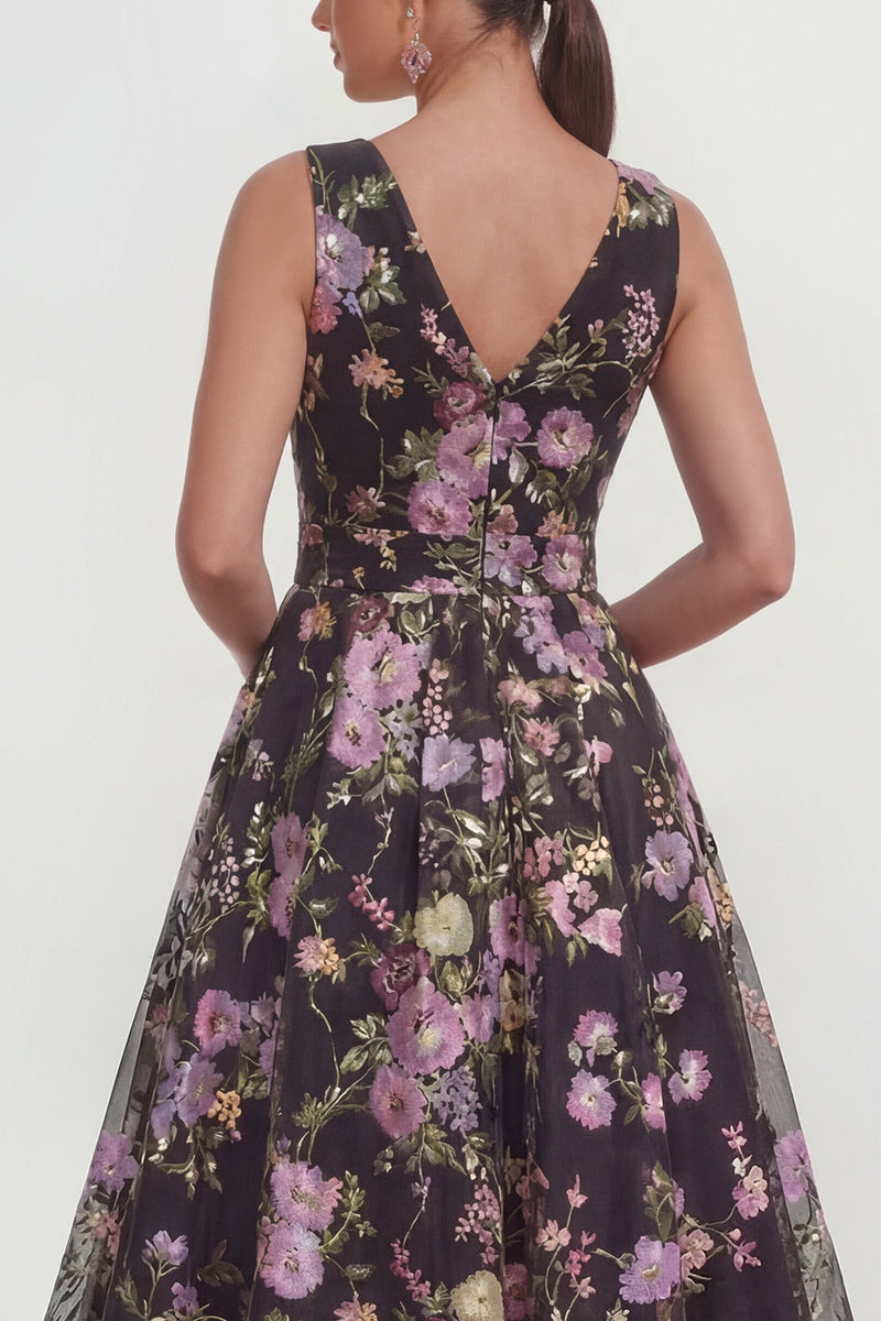 Load image into Gallery viewer, Black Pink Flower V-Neck A Line Maxi Formal Dress with Bow