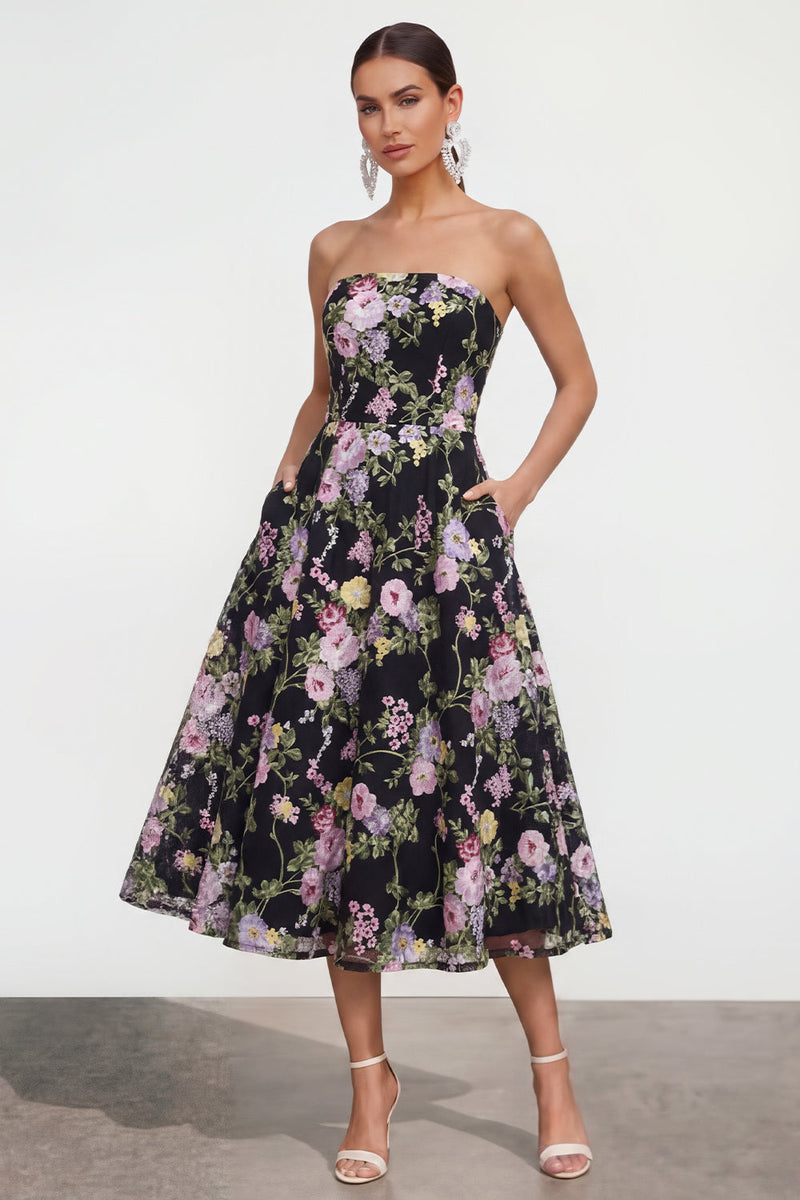 Load image into Gallery viewer, Black Pink Flower Strapless A Line Maxi Formal Dress with Pockets