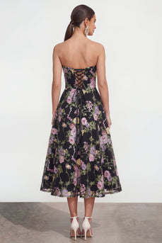 Black Pink Flower Strapless A Line Maxi Formal Dress with Pockets