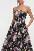 Load image into Gallery viewer, Black Pink Flower Strapless A Line Maxi Formal Dress with Pockets