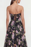 Load image into Gallery viewer, Black Pink Flower Strapless A Line Maxi Formal Dress with Pockets