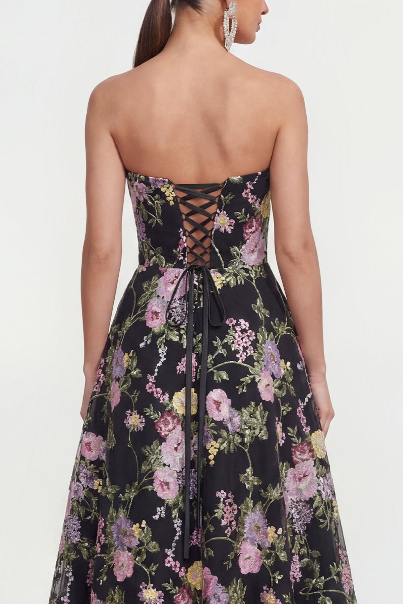 Load image into Gallery viewer, Black Pink Flower Strapless A Line Maxi Formal Dress with Pockets