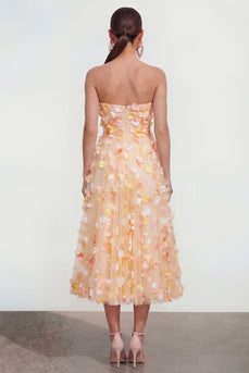 Champagne Floral A Line Strapless Maxi Formal Dress with Pockets