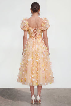 Champagne Puff Sleeves Floral A Line Maxi Formal Dress