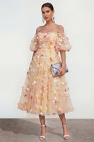 Load image into Gallery viewer, Champagne Floral A Line Off the Shoulder Maxi Wedding Guest Dress