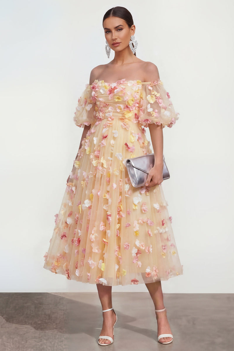 sachin and babi light blue dress Queendancer Women Champagne Floral A Line Puff Sleeves Off the Shoulder  Maxi Formal Dress – queendancer
