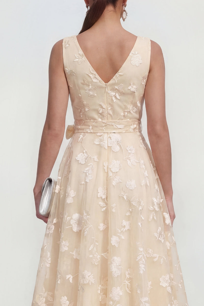 Load image into Gallery viewer, Blue V-Neck A Line Floral Ruched Maxi Formal Dress with Bow