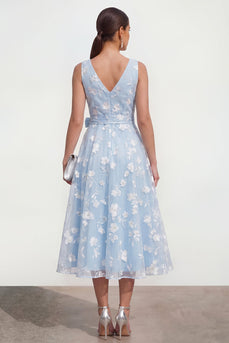 Blue V-Neck A Line Floral Ruched Maxi Formal Dress with Bow