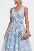 Load image into Gallery viewer, Blue V-Neck A Line Floral Ruched Maxi Formal Dress with Bow