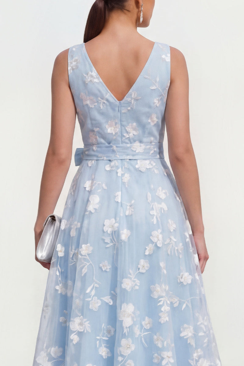Load image into Gallery viewer, Blue V-Neck A Line Floral Ruched Maxi Formal Dress with Bow