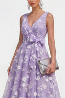 Load image into Gallery viewer, Blue V-Neck A Line Floral Ruched Maxi Formal Dress with Bow