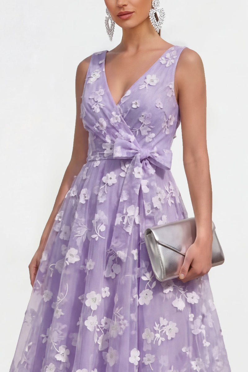 Load image into Gallery viewer, Blue V-Neck A Line Floral Ruched Maxi Formal Dress with Bow