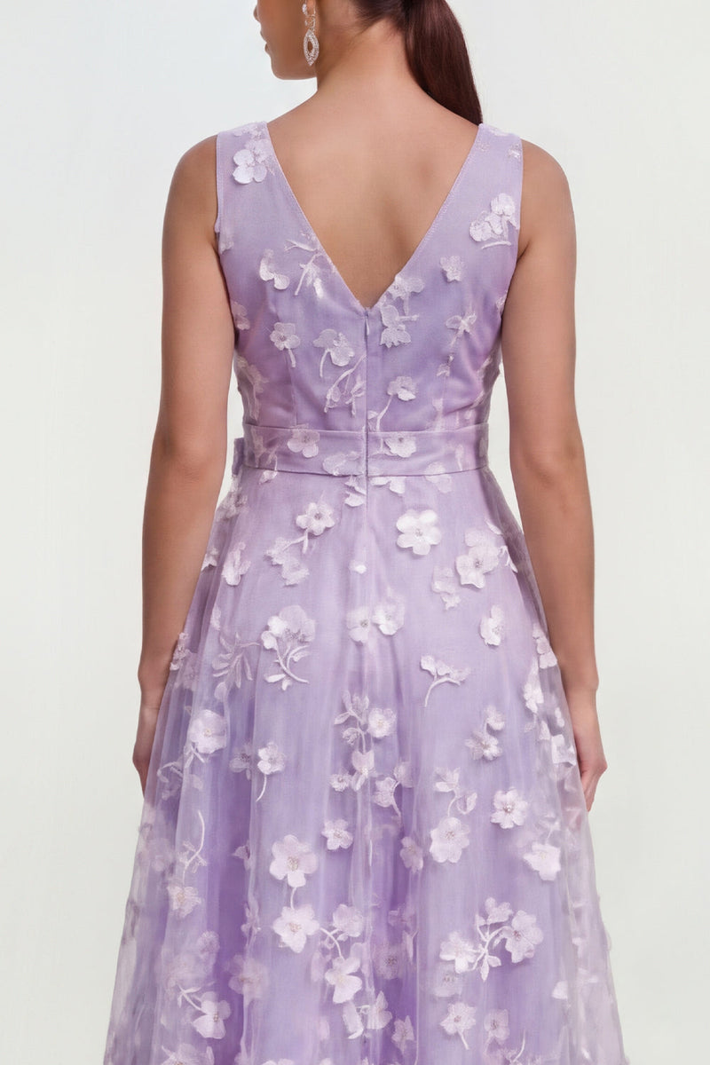 Load image into Gallery viewer, Blue V-Neck A Line Floral Ruched Maxi Formal Dress with Bow
