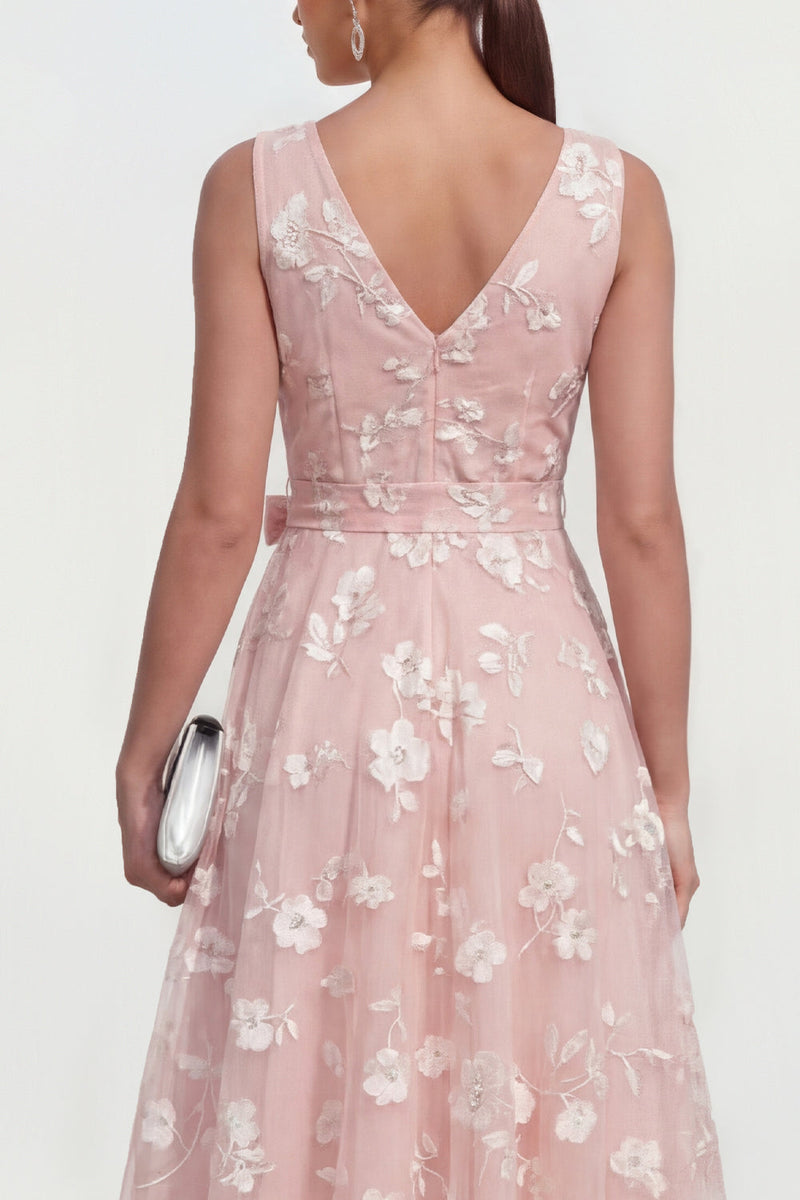 Load image into Gallery viewer, Blue V-Neck A Line Floral Ruched Maxi Formal Dress with Bow