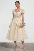 Load image into Gallery viewer, Pink Corset Floral A Line Puff Sleeves Maxi Formal Dress