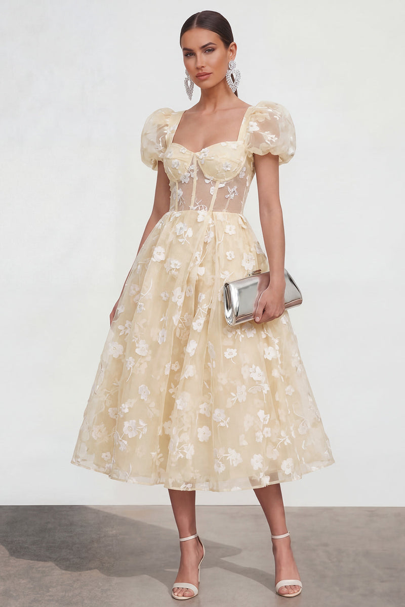 Load image into Gallery viewer, Pink Corset Floral A Line Puff Sleeves Maxi Formal Dress