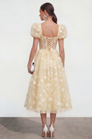 Load image into Gallery viewer, Pink Corset Floral A Line Puff Sleeves Maxi Formal Dress