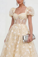 Load image into Gallery viewer, Pink Corset Floral A Line Puff Sleeves Maxi Formal Dress