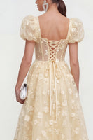 Load image into Gallery viewer, Pink Corset Floral A Line Puff Sleeves Maxi Formal Dress