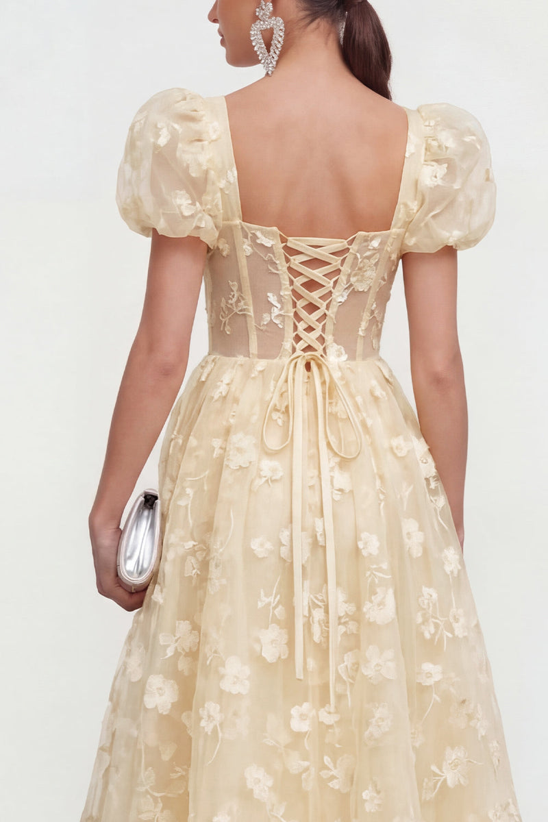 Load image into Gallery viewer, Pink Corset Floral A Line Puff Sleeves Maxi Formal Dress