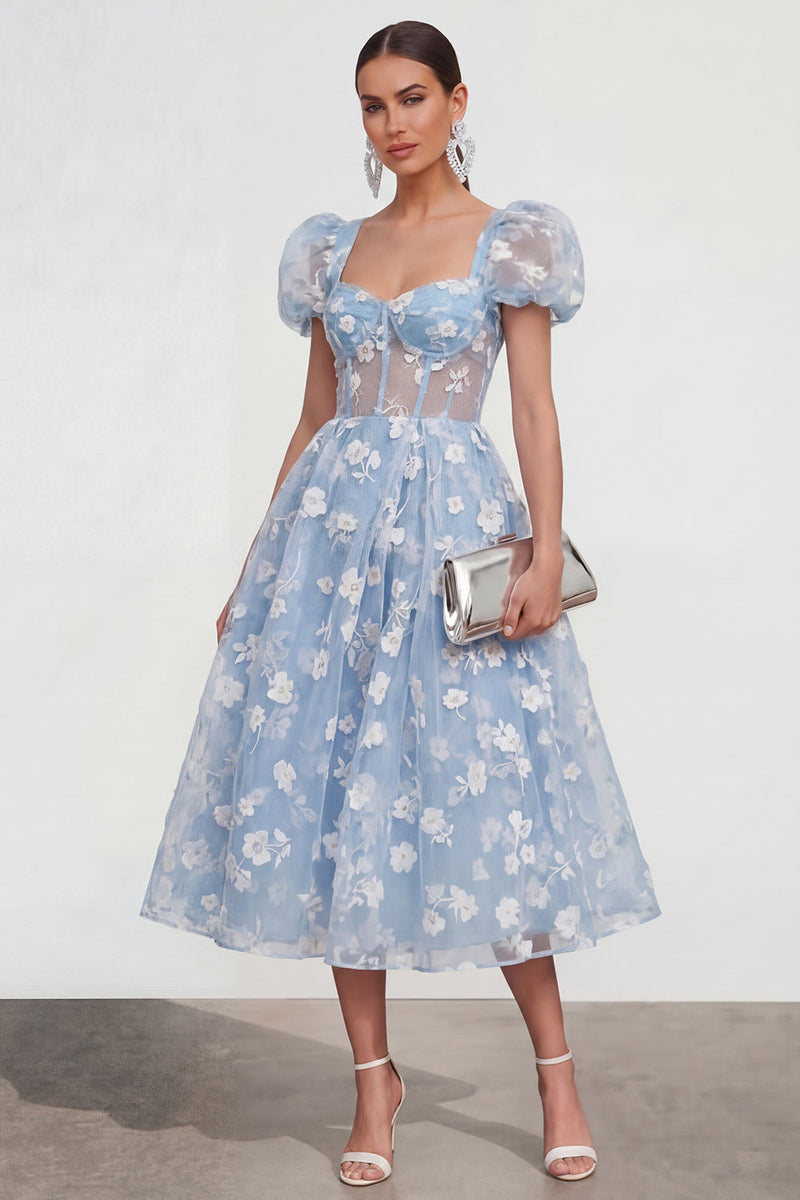 Load image into Gallery viewer, Pink Corset Floral A Line Puff Sleeves Maxi Formal Dress