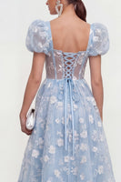 Load image into Gallery viewer, Pink Corset Floral A Line Puff Sleeves Maxi Formal Dress