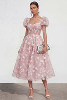 Load image into Gallery viewer, Pink Corset Floral A Line Puff Sleeves Maxi Formal Dress