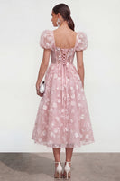 Load image into Gallery viewer, Pink Corset Floral A Line Puff Sleeves Maxi Formal Dress