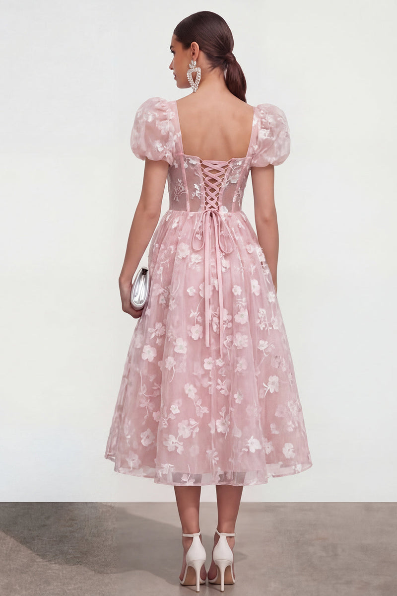 Load image into Gallery viewer, Pink Corset Floral A Line Puff Sleeves Maxi Formal Dress