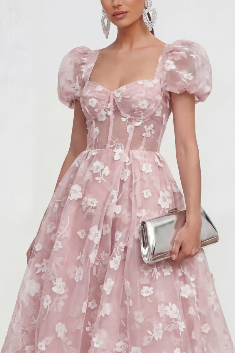 Load image into Gallery viewer, Pink Corset Floral A Line Puff Sleeves Maxi Formal Dress