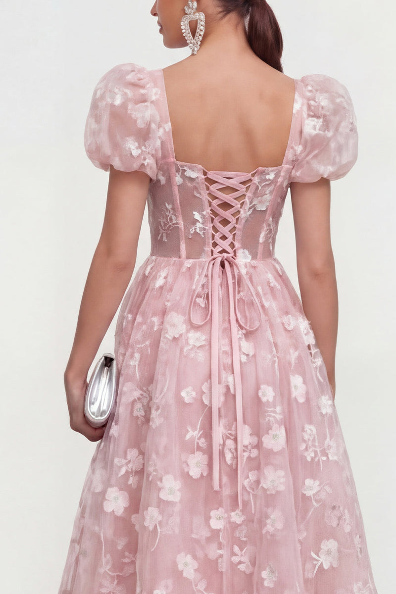 Load image into Gallery viewer, Pink Corset Floral A Line Puff Sleeves Maxi Formal Dress