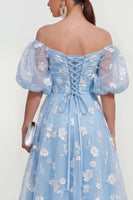 Load image into Gallery viewer, Pink A Line Puff Sleeves Floral Ruched Maxi Formal Dress