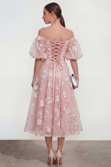 Pink A Line Puff Sleeves Floral Ruched Maxi Formal Dress