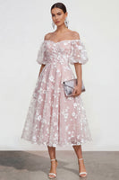 Load image into Gallery viewer, Pink A Line Puff Sleeves Floral Ruched Maxi Formal Dress