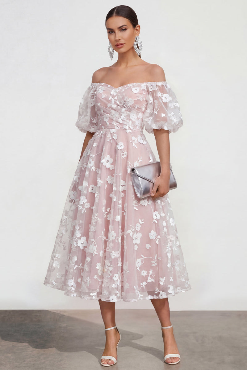 Load image into Gallery viewer, Pink A Line Puff Sleeves Floral Ruched Maxi Formal Dress