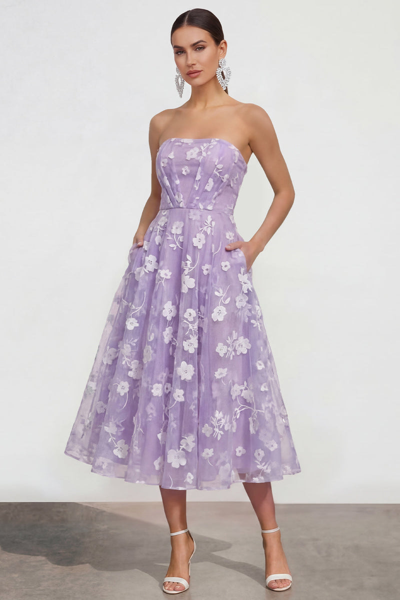 Load image into Gallery viewer, Lilac A Line Corset Strapless Floral Maxi Formal Dress