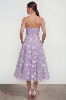 Lilac A Line Corset Strapless Floral Maxi Formal Dress