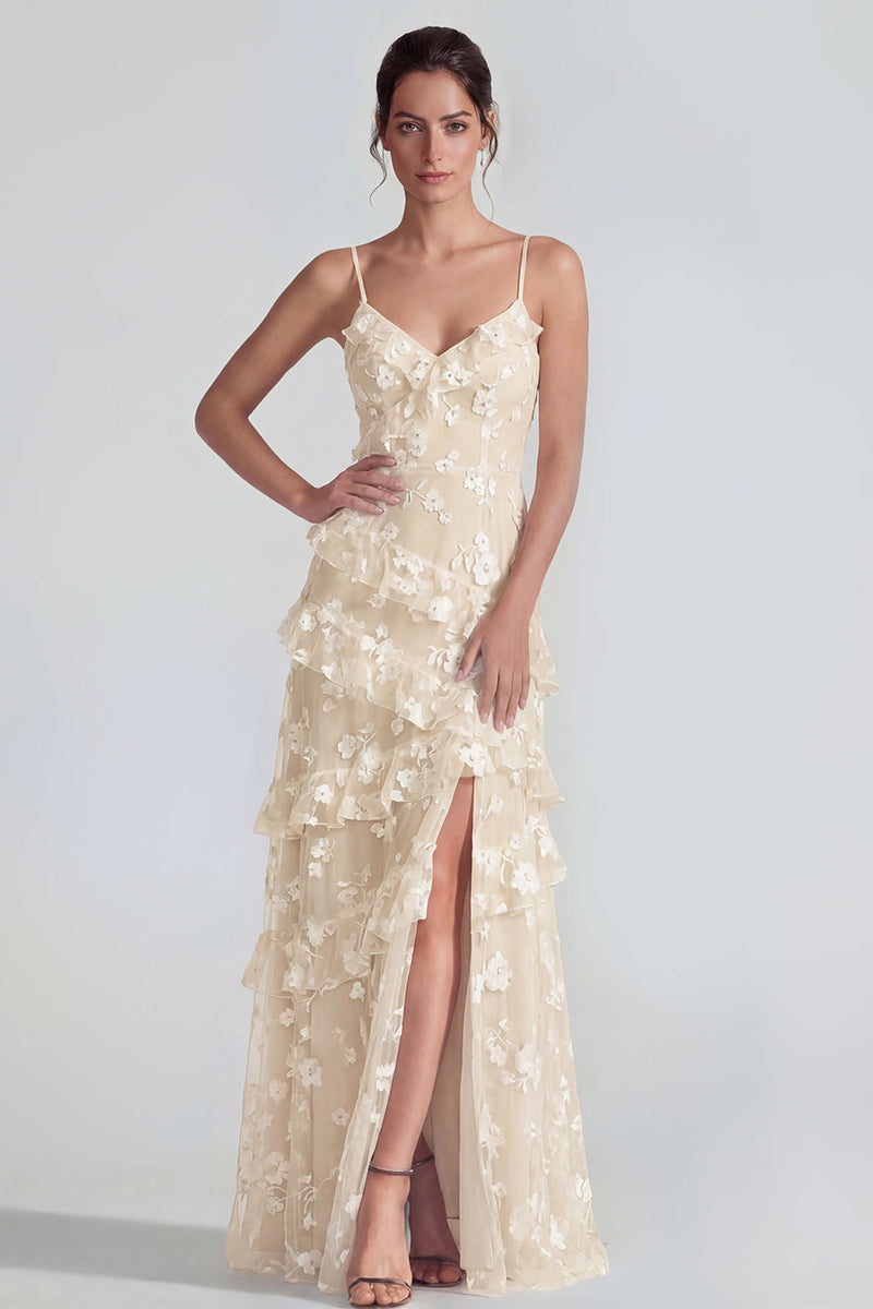 Load image into Gallery viewer, Lilac A Line Spaghetti Straps Floral Maxi Formal Dress with Ruffles