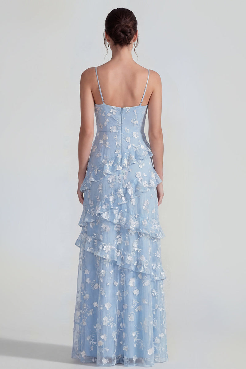 Load image into Gallery viewer, Lilac A Line Spaghetti Straps Floral Maxi Formal Dress with Ruffles