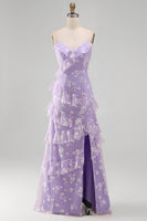 Load image into Gallery viewer, Lilac A Line Spaghetti Straps Floral Maxi Formal Dress with Ruffles
