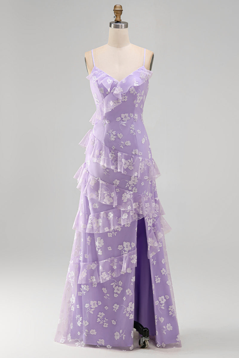 Load image into Gallery viewer, Lilac A Line Spaghetti Straps Floral Maxi Formal Dress with Ruffles
