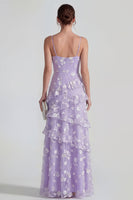 Load image into Gallery viewer, Lilac A Line Spaghetti Straps Floral Maxi Formal Dress with Ruffles